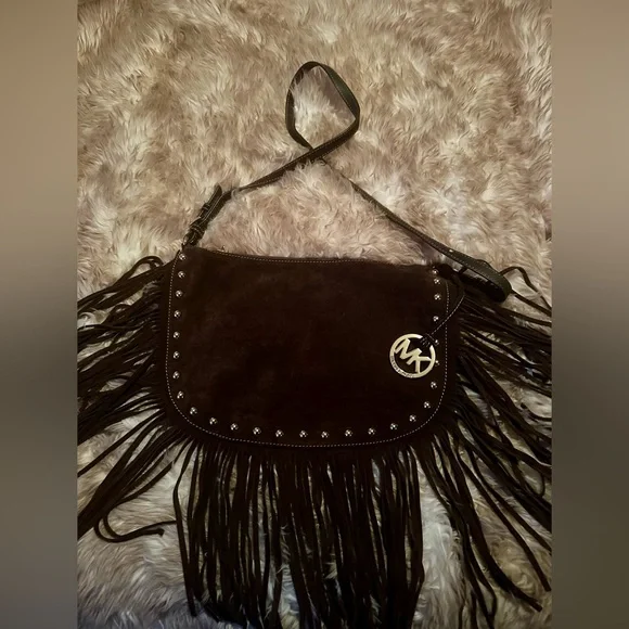 Michael Kors Brown Suede Saddle Bag with Fringe - Picture 3 of 5